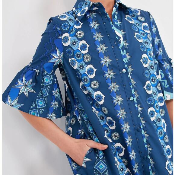 La Double J Choux Costiera Blue Print Flounce Cotton Poplin Mini Shirt Dress - Picture 3 of 16